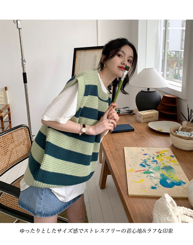 送料無料 ニットベスト レディース ボーダー柄 ベスト ニット レトロ ジレベスト 畦編み ゆったり ジレ スクールベスト クルーネック プルーオーバー 