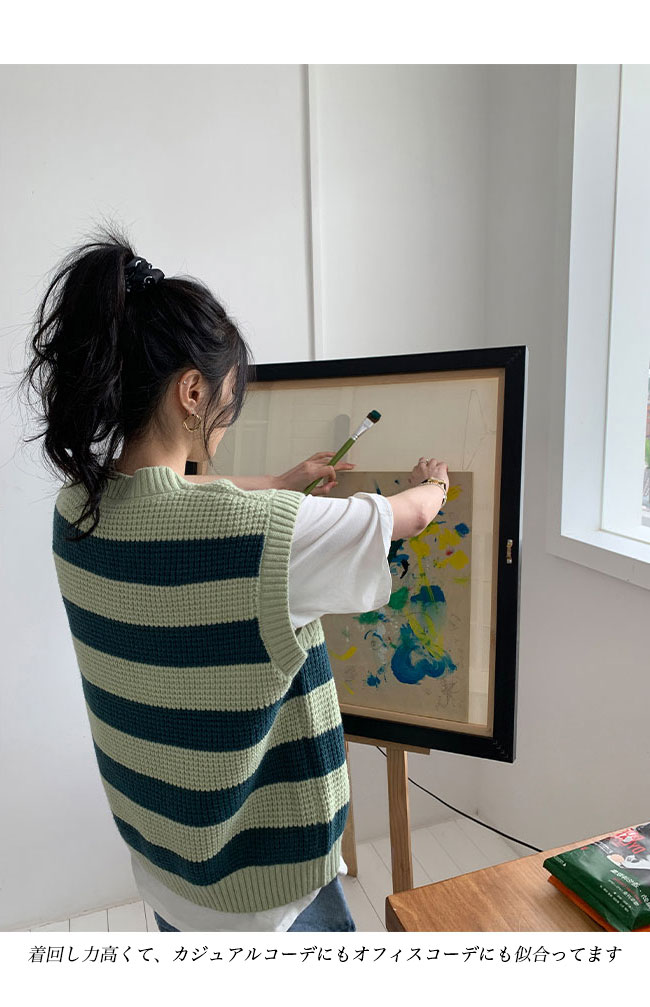 送料無料 ニットベスト レディース ボーダー柄 ベスト ニット レトロ ジレベスト 畦編み ゆったり ジレ スクールベスト クルーネック プルーオーバー 