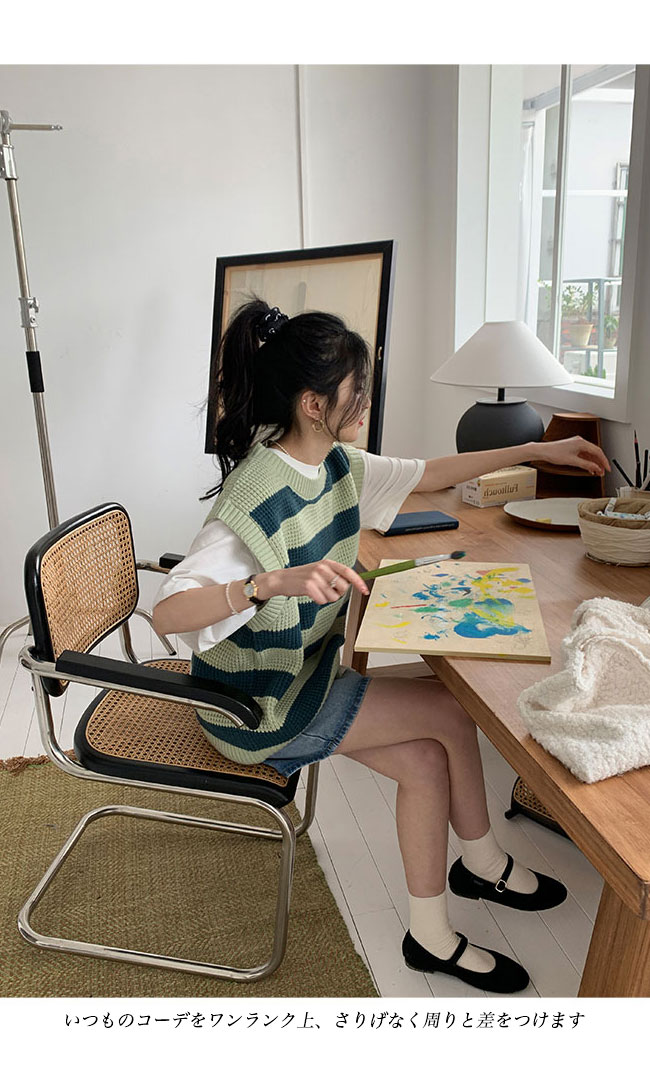 送料無料 ニットベスト レディース ボーダー柄 ベスト ニット レトロ ジレベスト 畦編み ゆったり ジレ スクールベスト クルーネック プルーオーバー 