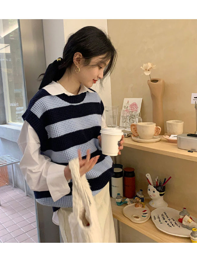 送料無料 ニットベスト レディース ボーダー柄 ベスト ニット レトロ ジレベスト 畦編み ゆったり ジレ スクールベスト クルーネック プルーオーバー 