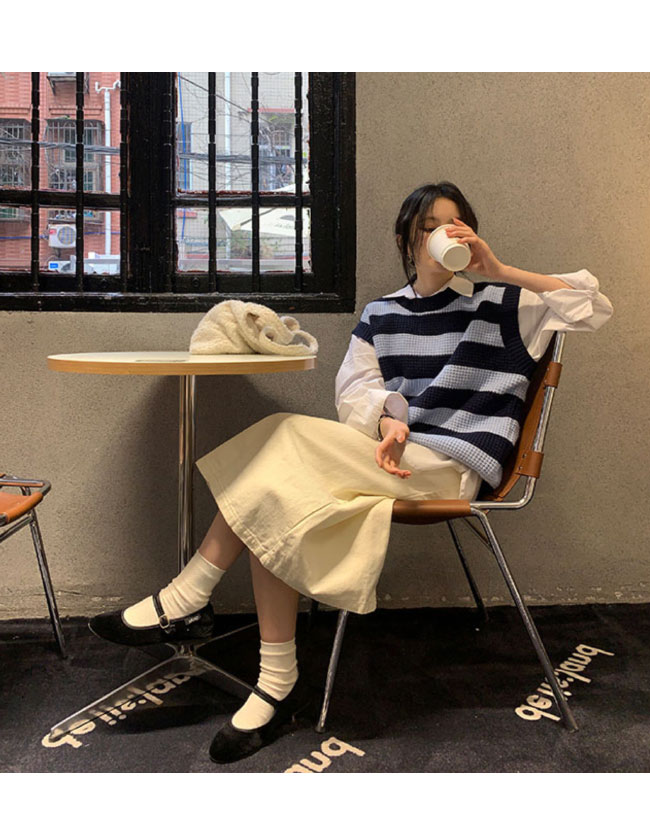 送料無料 ニットベスト レディース ボーダー柄 ベスト ニット レトロ ジレベスト 畦編み ゆったり ジレ スクールベスト クルーネック プルーオーバー 