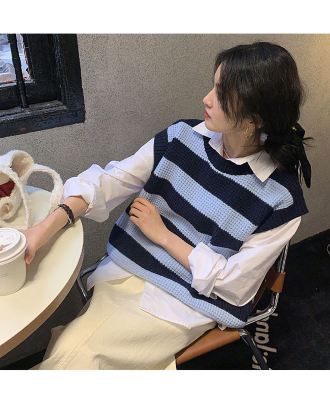 送料無料 ニットベスト レディース ボーダー柄 ベスト ニット レトロ ジレベスト 畦編み ゆったり ジレ スクールベスト クルーネック プルーオーバー 