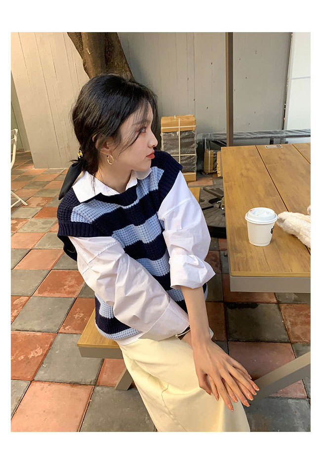 送料無料 ニットベスト レディース ボーダー柄 ベスト ニット レトロ ジレベスト 畦編み ゆったり ジレ スクールベスト クルーネック プルーオーバー 