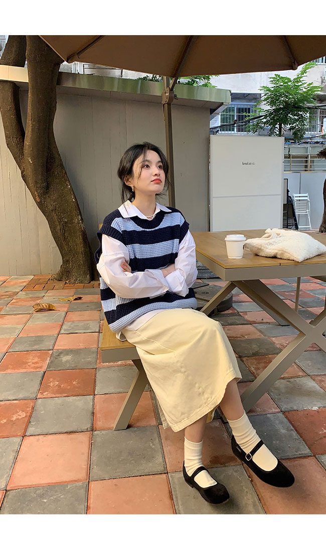 送料無料 ニットベスト レディース ボーダー柄 ベスト ニット レトロ ジレベスト 畦編み ゆったり ジレ スクールベスト クルーネック プルーオーバー 