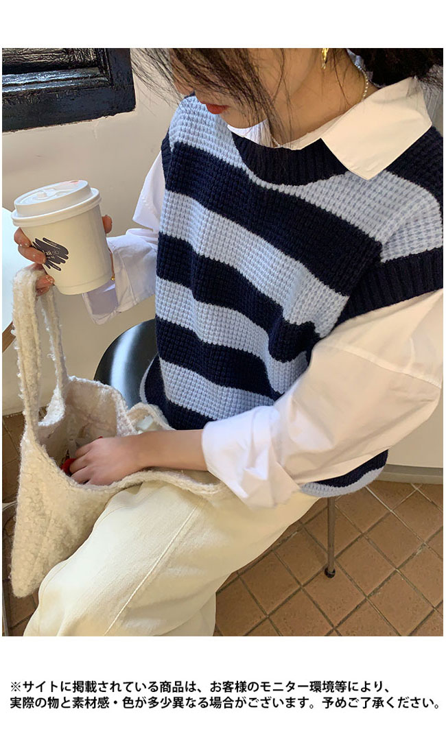 送料無料 ニットベスト レディース ボーダー柄 ベスト ニット レトロ ジレベスト 畦編み ゆったり ジレ スクールベスト クルーネック プルーオーバー 