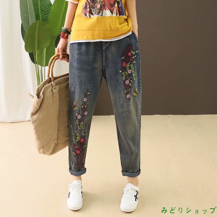 ジーンズ デニム パンツ ズボン 花柄 蝶々 森ガール レディース 