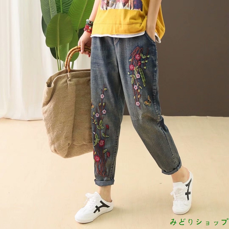 ジーンズ デニム パンツ ズボン 花柄 蝶々 森ガール レディース 