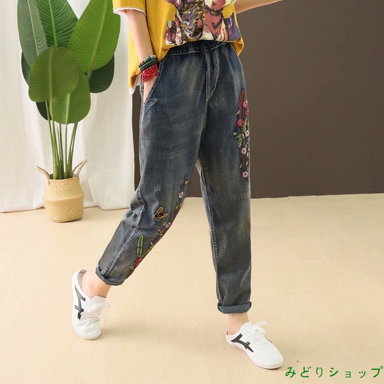 ジーンズ デニム パンツ ズボン 花柄 蝶々 森ガール レディース 