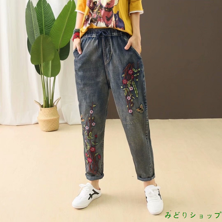 ジーンズ デニム パンツ ズボン 花柄 蝶々 森ガール レディース 