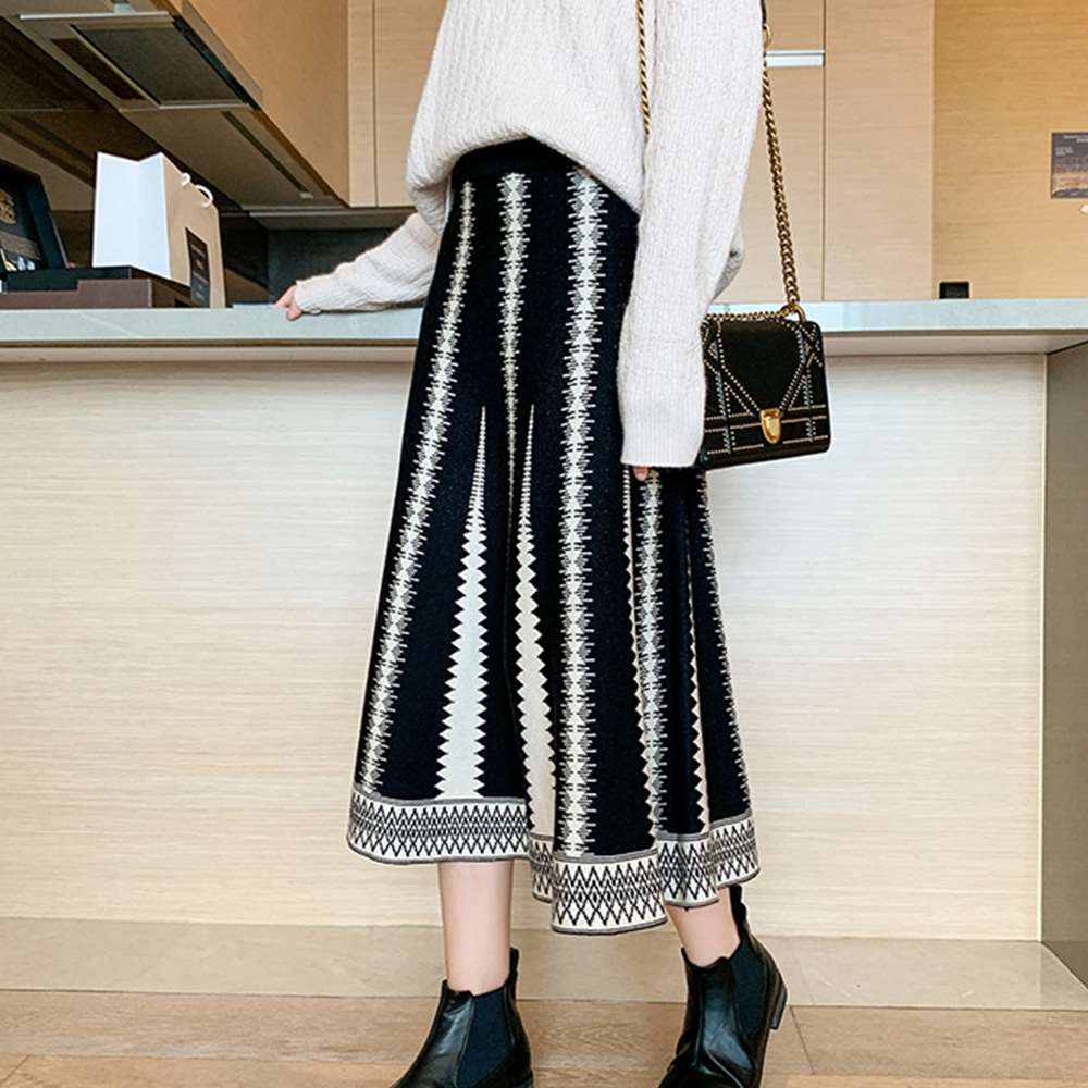 ニット スカート ハイウエスト フレア（ブラック）  