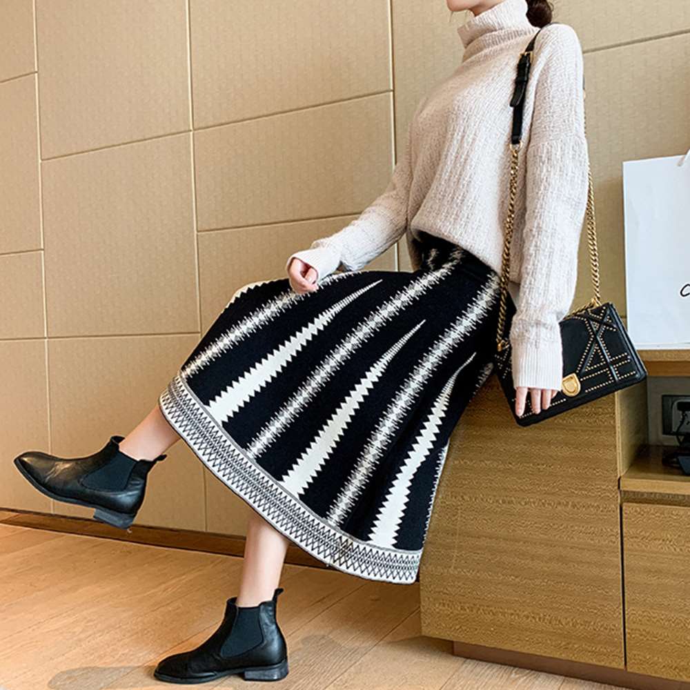 ニット スカート ハイウエスト フレア（ブラック）  