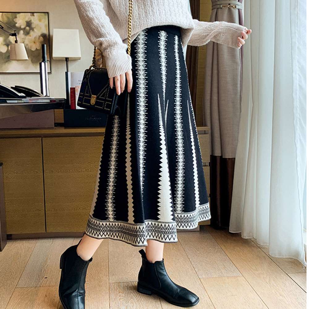 ニット スカート ハイウエスト フレア（ブラック）  