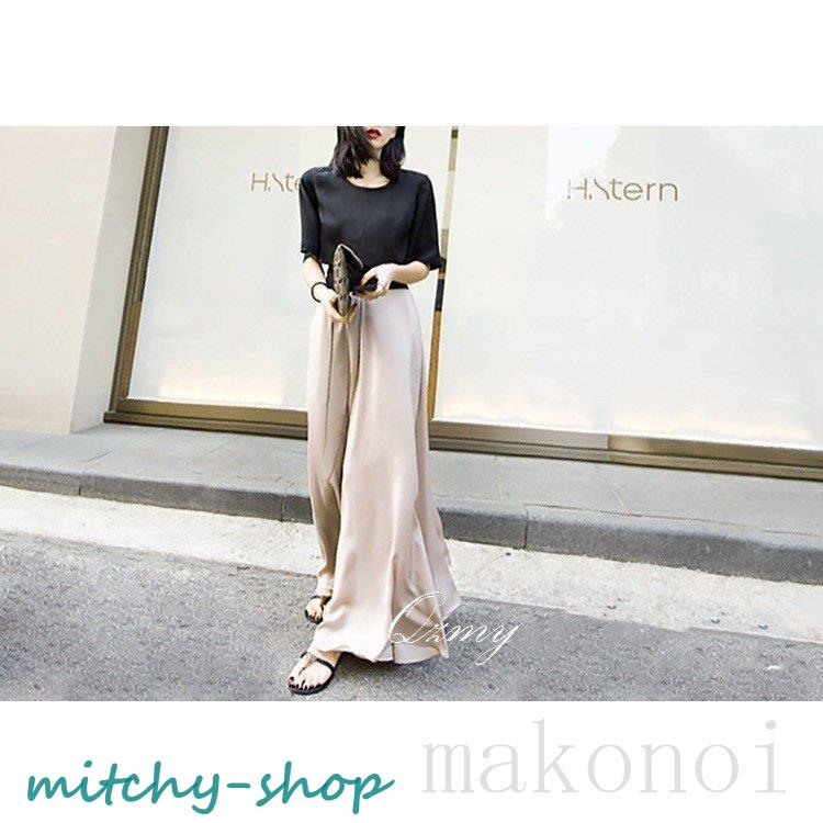 ワイドパンツ レディース ガウチョパンツ 体型カバー サテン風 大きいサイズ ボトムズ ゆったり 無地 夏 着痩せ ロング丈 マキシ丈 美脚 カジュアル おしゃれ 