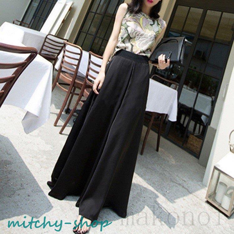 ワイドパンツ レディース ガウチョパンツ 体型カバー サテン風 大きいサイズ ボトムズ ゆったり 無地 夏 着痩せ ロング丈 マキシ丈 美脚 カジュアル おしゃれ 