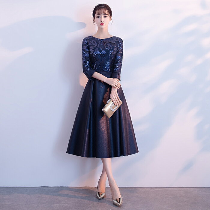 カラードレス パーティードレス 演奏会 発表会 イブニングドレス フォーマル 長袖 カクテルドレス ミディアムドレス ネイビー コンクール ミニドレス コンサート