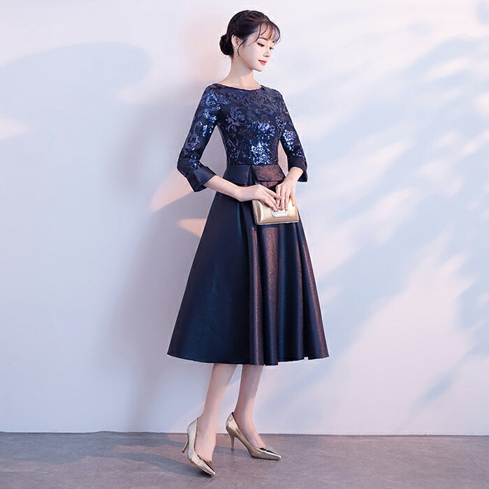 カラードレス パーティードレス 演奏会 発表会 イブニングドレス フォーマル 長袖 カクテルドレス ミディアムドレス ネイビー コンクール ミニドレス コンサート