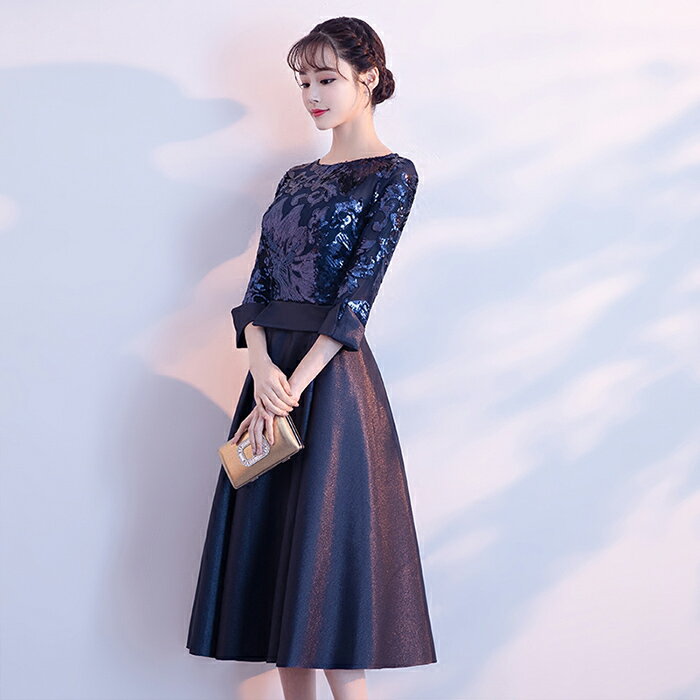 カラードレス パーティードレス 演奏会 発表会 イブニングドレス フォーマル 長袖 カクテルドレス ミディアムドレス ネイビー コンクール ミニドレス コンサート