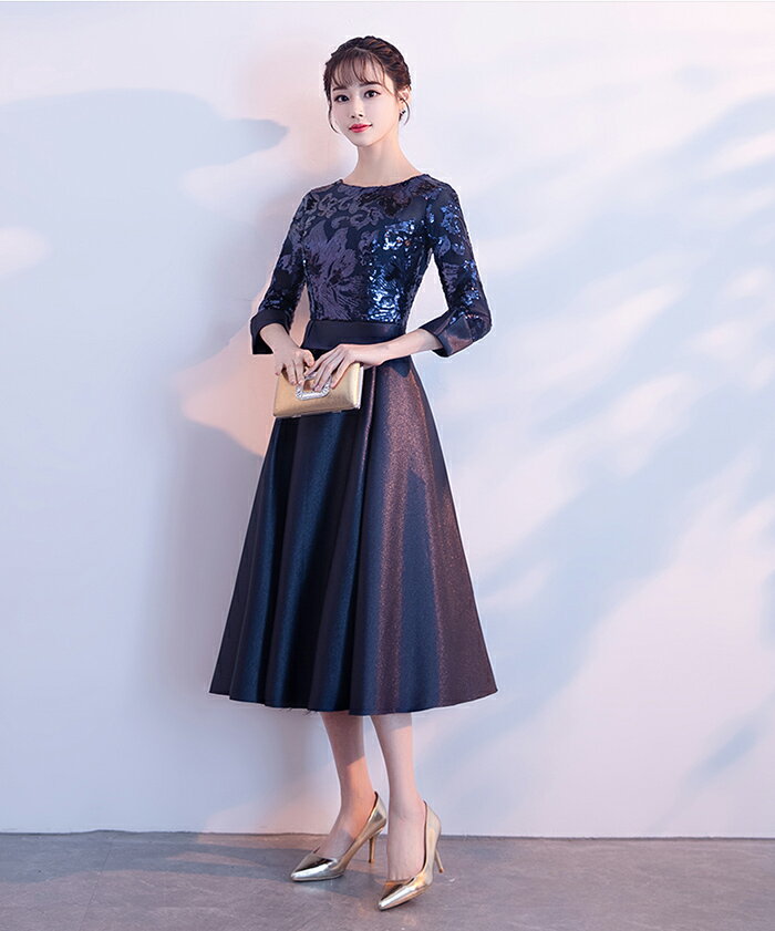 カラードレス パーティードレス 演奏会 発表会 イブニングドレス フォーマル 長袖 カクテルドレス ミディアムドレス ネイビー コンクール ミニドレス コンサート