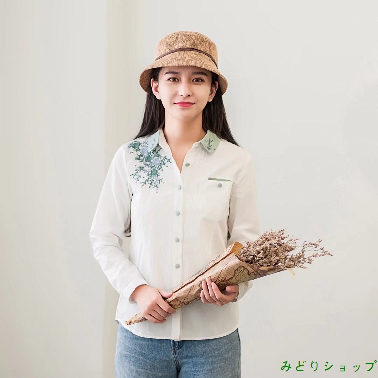 シャツ ブラウス 花柄 刺繍 長袖 ナチュラル レディース 