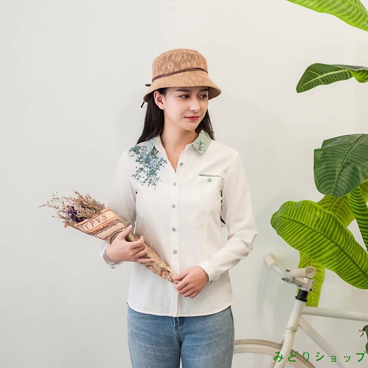 シャツ ブラウス 花柄 刺繍 長袖 ナチュラル レディース 