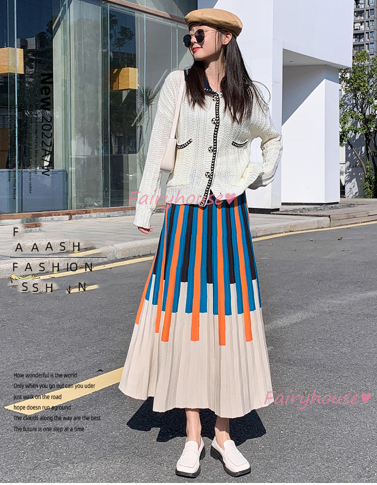 ニットスカート ロング丈 秋冬 Aラインスカート 配色ボーダー柄ニット プリーツスカート オシャレ ハイウェストボ大人 レディース マキシ丈スカート 40代 