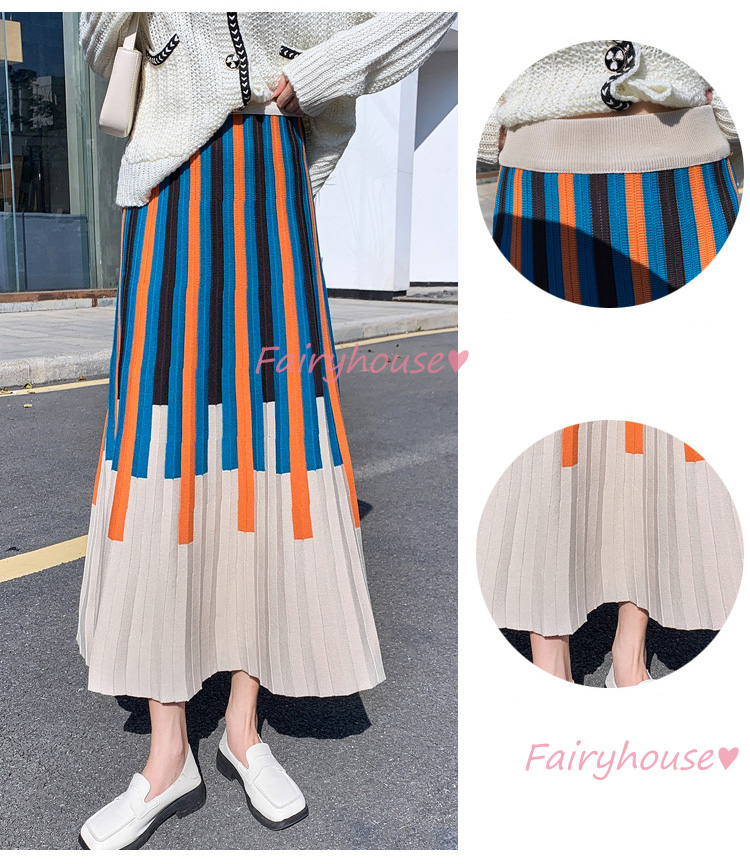 ニットスカート ロング丈 秋冬 Aラインスカート 配色ボーダー柄ニット プリーツスカート オシャレ ハイウェストボ大人 レディース マキシ丈スカート 40代 