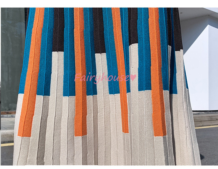 ニットスカート ロング丈 秋冬 Aラインスカート 配色ボーダー柄ニット プリーツスカート オシャレ ハイウェストボ大人 レディース マキシ丈スカート 40代 