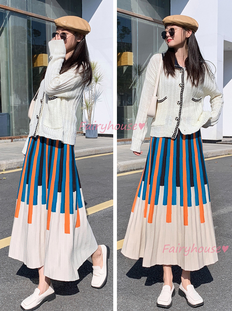ニットスカート ロング丈 秋冬 Aラインスカート 配色ボーダー柄ニット プリーツスカート オシャレ ハイウェストボ大人 レディース マキシ丈スカート 40代 