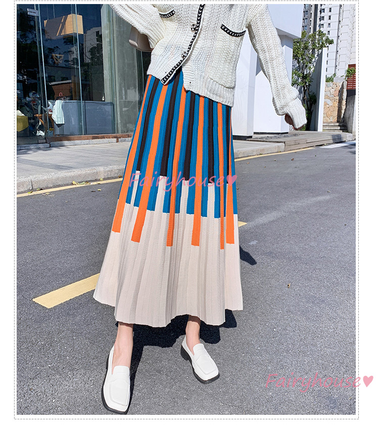 ニットスカート ロング丈 秋冬 Aラインスカート 配色ボーダー柄ニット プリーツスカート オシャレ ハイウェストボ大人 レディース マキシ丈スカート 40代 
