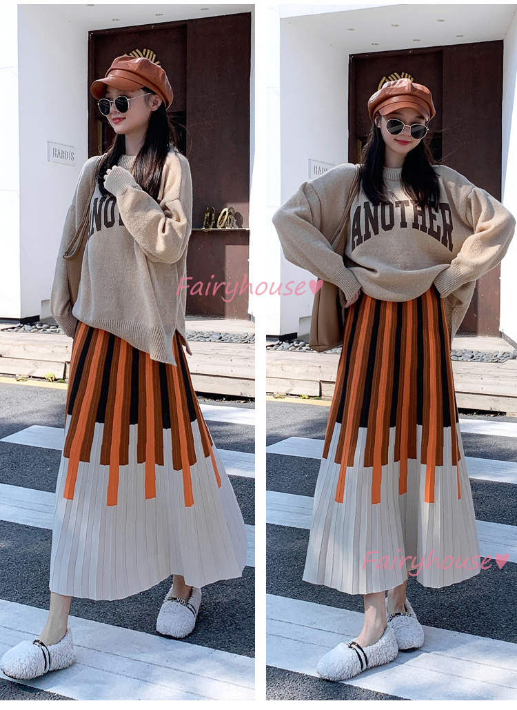 ニットスカート ロング丈 秋冬 Aラインスカート 配色ボーダー柄ニット プリーツスカート オシャレ ハイウェストボ大人 レディース マキシ丈スカート 40代 