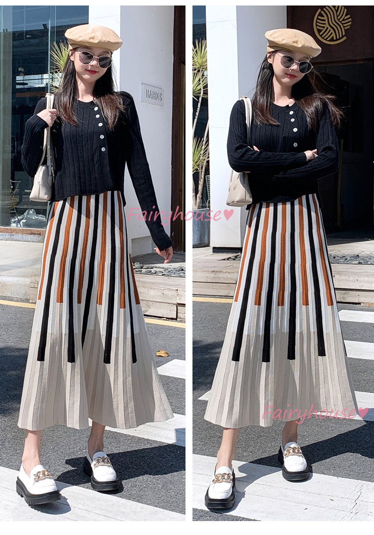 ニットスカート ロング丈 秋冬 Aラインスカート 配色ボーダー柄ニット プリーツスカート オシャレ ハイウェストボ大人 レディース マキシ丈スカート 40代 