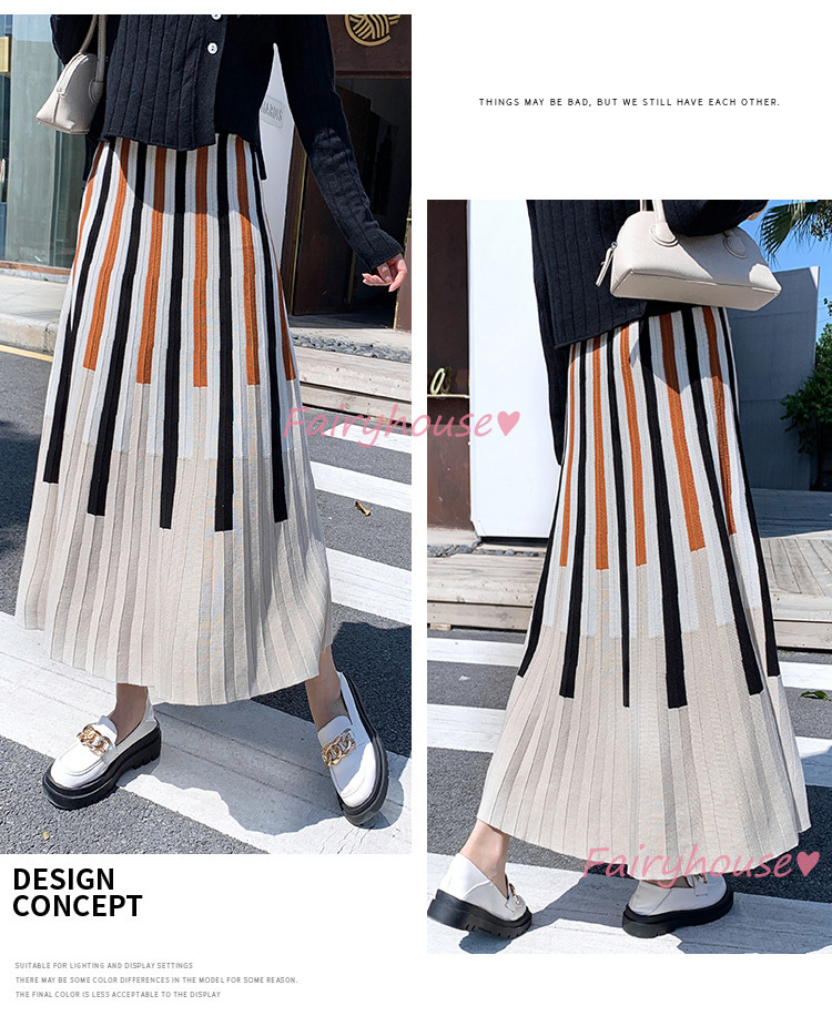 ニットスカート ロング丈 秋冬 Aラインスカート 配色ボーダー柄ニット プリーツスカート オシャレ ハイウェストボ大人 レディース マキシ丈スカート 40代 