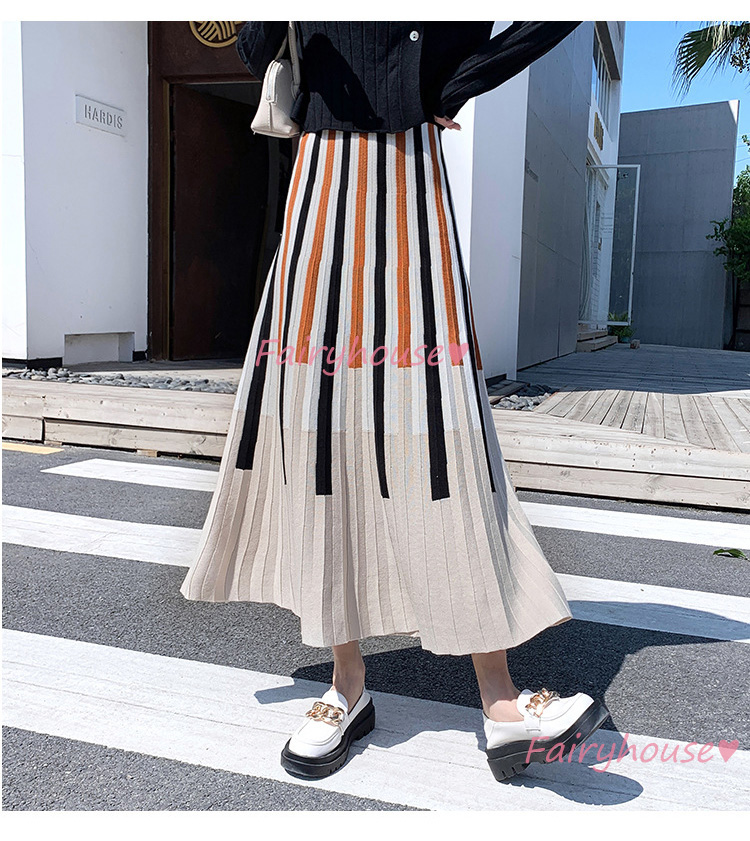 ニットスカート ロング丈 秋冬 Aラインスカート 配色ボーダー柄ニット プリーツスカート オシャレ ハイウェストボ大人 レディース マキシ丈スカート 40代 