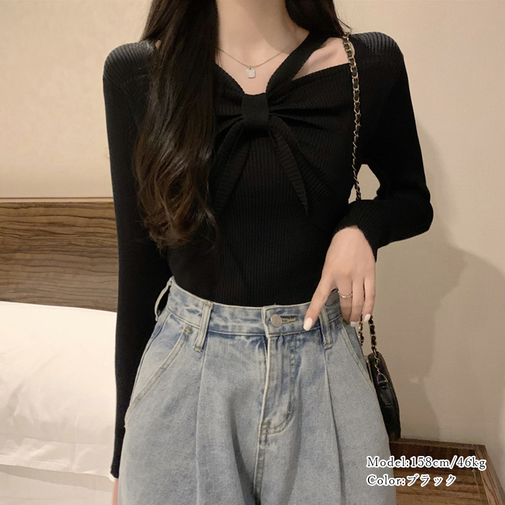 フロントリボンリブニットトップス大人秋服 。可  