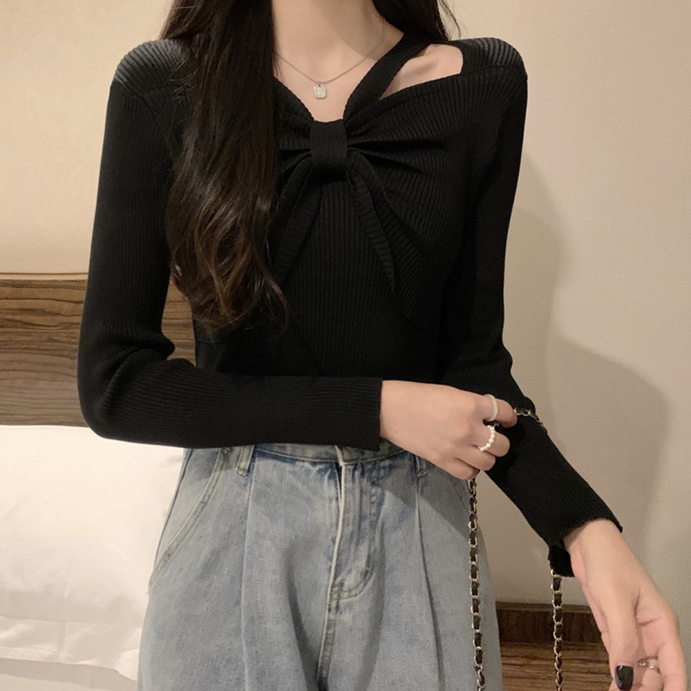 フロントリボンリブニットトップス大人秋服 。可  