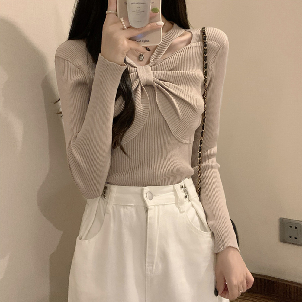 フロントリボンリブニットトップス大人秋服 。可  