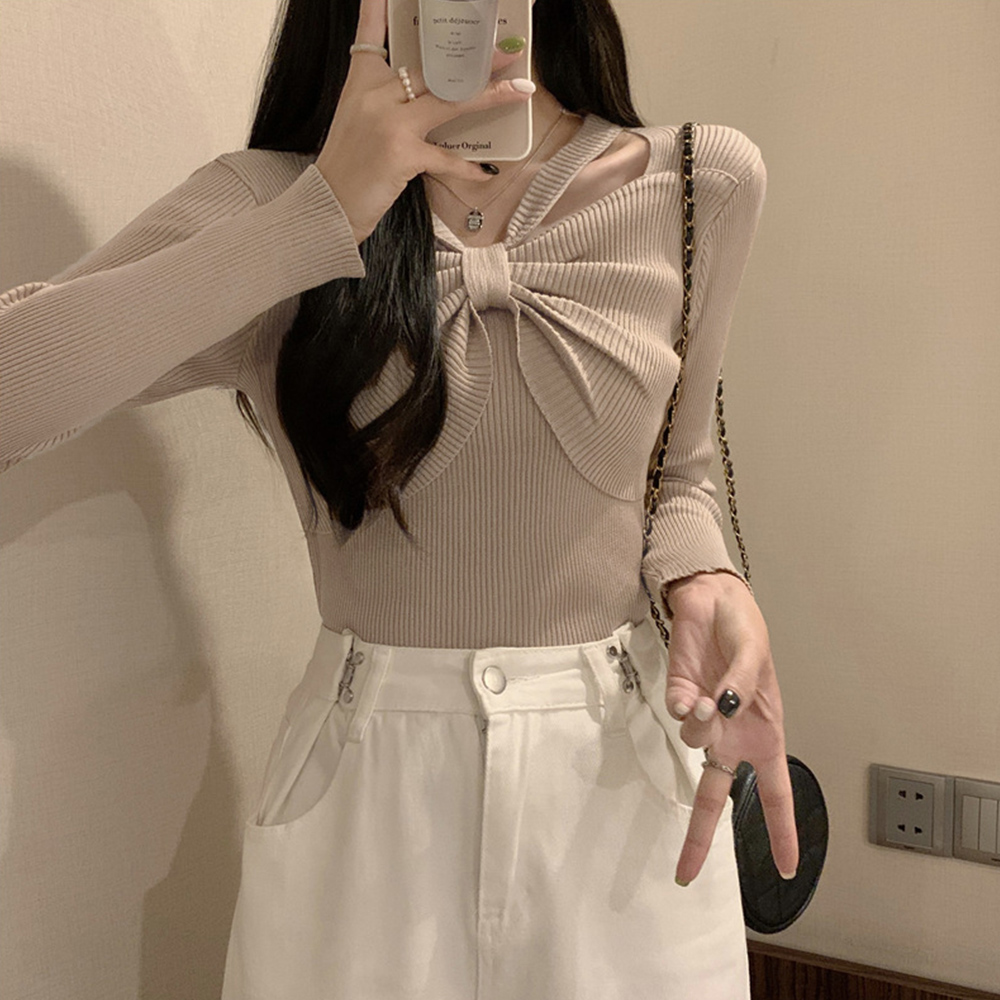 フロントリボンリブニットトップス大人秋服 。可  