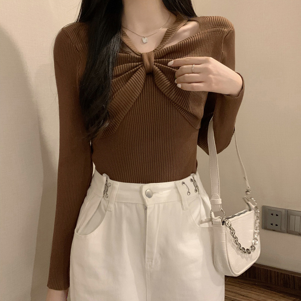 フロントリボンリブニットトップス大人秋服 。可  