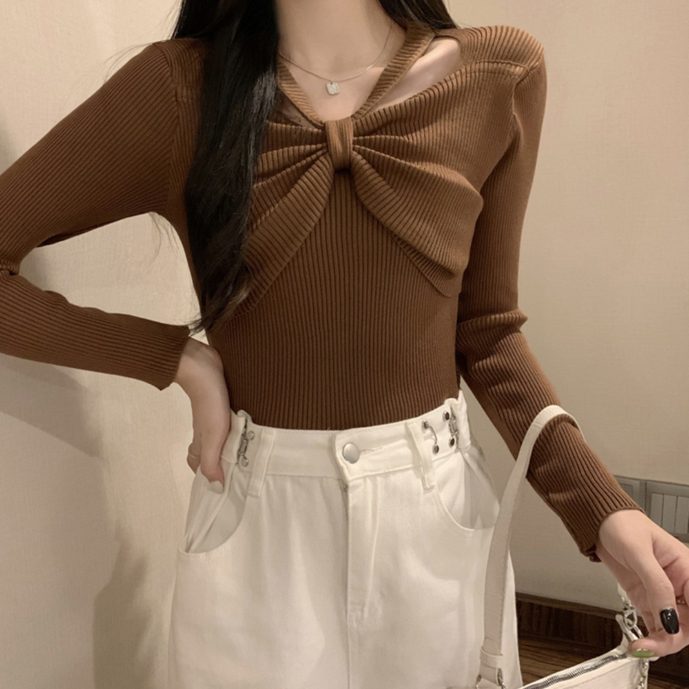 フロントリボンリブニットトップス大人秋服 。可  