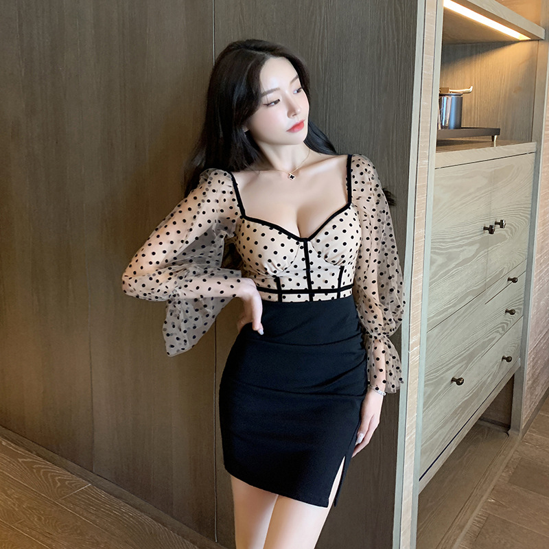 タイトワンピース レディース 長袖 裾スリット 大きく胸元開き キャバ 可愛い ドレス ミニ セクシー タイト キャバドレス キャバワンピース キャバクラ 