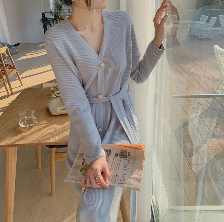ニットワンピース レディース Aラインワンピース Vネック 無地 長袖 新作 秋冬 着痩せ通勤 きれいめ 結婚式 膝丈ワンピース ロング オシャレ ベルト付き 上品 