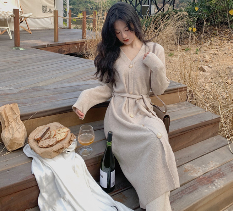 ニットワンピース レディース Aラインワンピース Vネック 無地 長袖 新作 秋冬 着痩せ通勤 きれいめ 結婚式 膝丈ワンピース ロング オシャレ ベルト付き 上品 