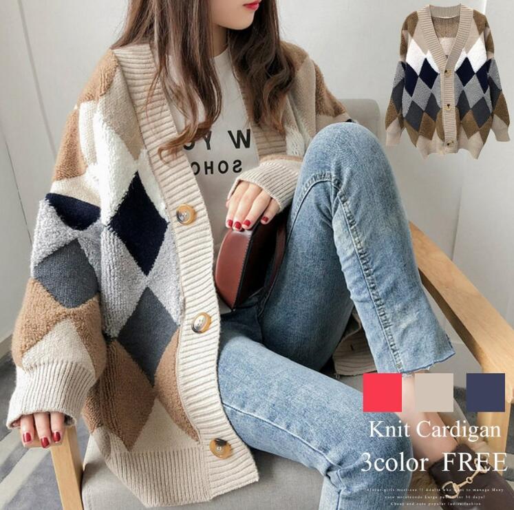 ニットカーディガン レディース カーディガン ボア アーガイル Vネック アウター ニット 可愛い カジュアル 冬 セーター 秋冬 おしゃれ 秋 秋コーデ 