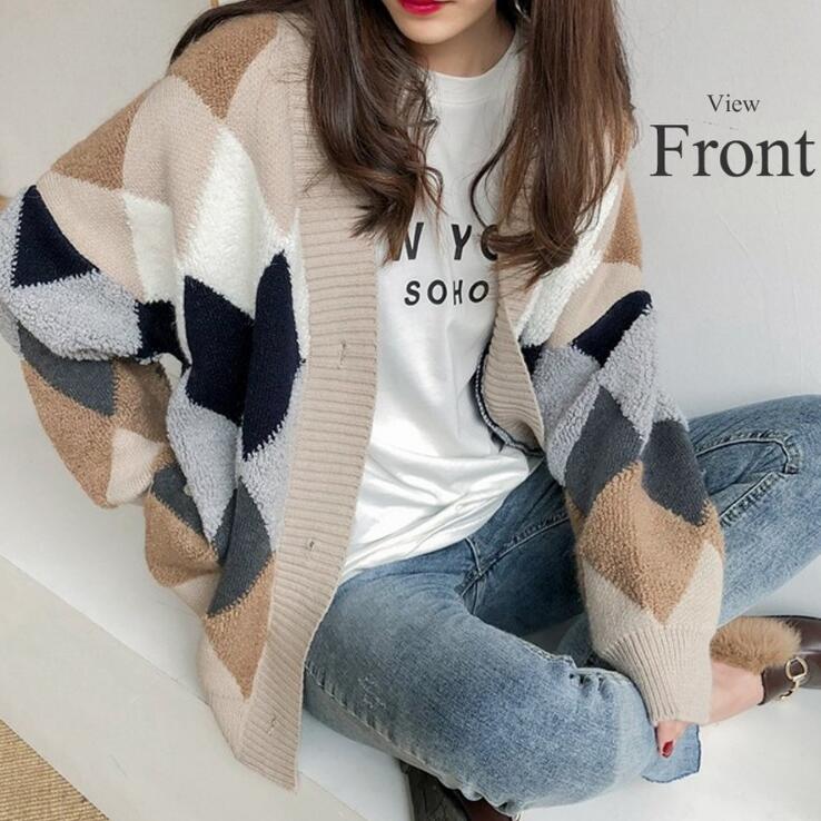 ニットカーディガン レディース カーディガン ボア アーガイル Vネック アウター ニット 可愛い カジュアル 冬 セーター 秋冬 おしゃれ 秋 秋コーデ 