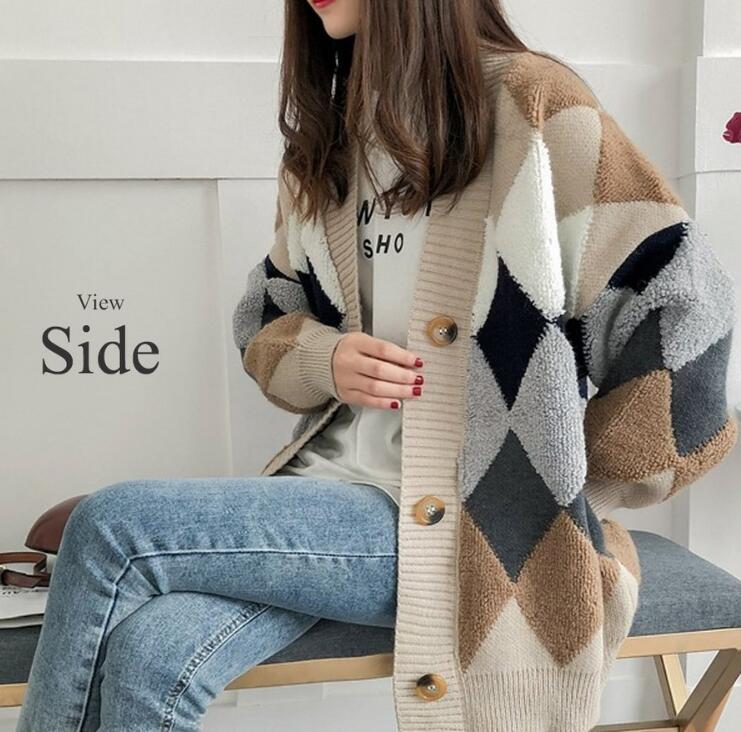 ニットカーディガン レディース カーディガン ボア アーガイル Vネック アウター ニット 可愛い カジュアル 冬 セーター 秋冬 おしゃれ 秋 秋コーデ 