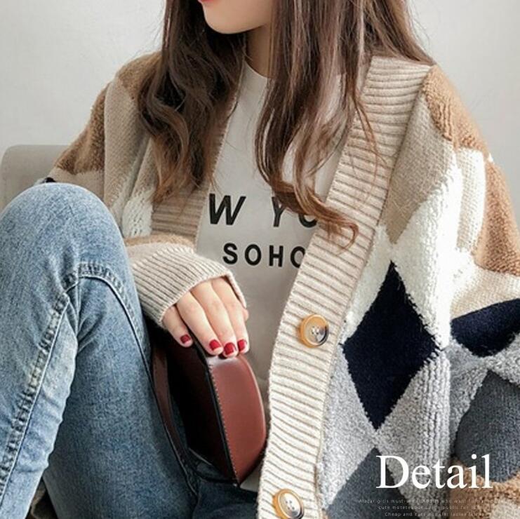 ニットカーディガン レディース カーディガン ボア アーガイル Vネック アウター ニット 可愛い カジュアル 冬 セーター 秋冬 おしゃれ 秋 秋コーデ 