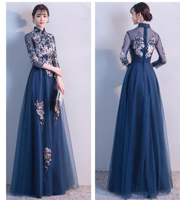 ドレス 大人 ピアノ 発表会 結婚式 母親 7分袖 ロングドレス ワンピース パーティ袖付き 刺繍 Aライン チャイナドレス パーティー 