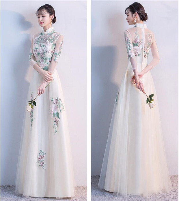 ドレス 大人 ピアノ 発表会 結婚式 母親 7分袖 ロングドレス ワンピース パーティ袖付き 刺繍 Aライン チャイナドレス パーティー 