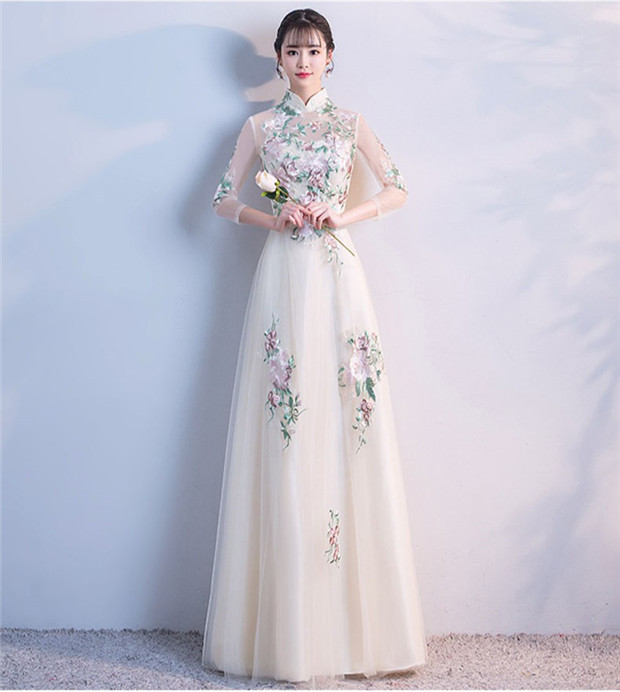 ドレス 大人 ピアノ 発表会 結婚式 母親 7分袖 ロングドレス ワンピース パーティ袖付き 刺繍 Aライン チャイナドレス パーティー 