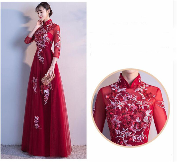 ドレス 大人 ピアノ 発表会 結婚式 母親 7分袖 ロングドレス ワンピース パーティ袖付き 刺繍 Aライン チャイナドレス パーティー 